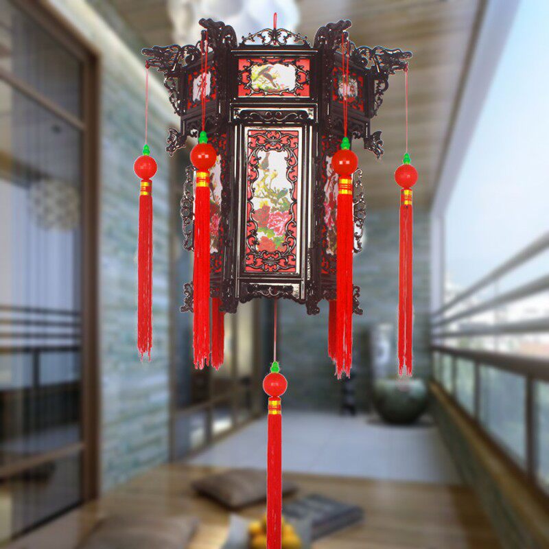 春节塑料仿红木色仿古宫灯六角喜庆结婚大红灯笼过年乔迁走廊吊灯