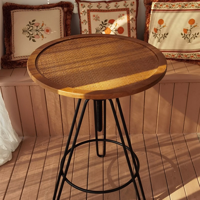 升降式工业风咖啡桌实木铁艺茶几边几小圆桌民宿小圆桌藤编阳台桌