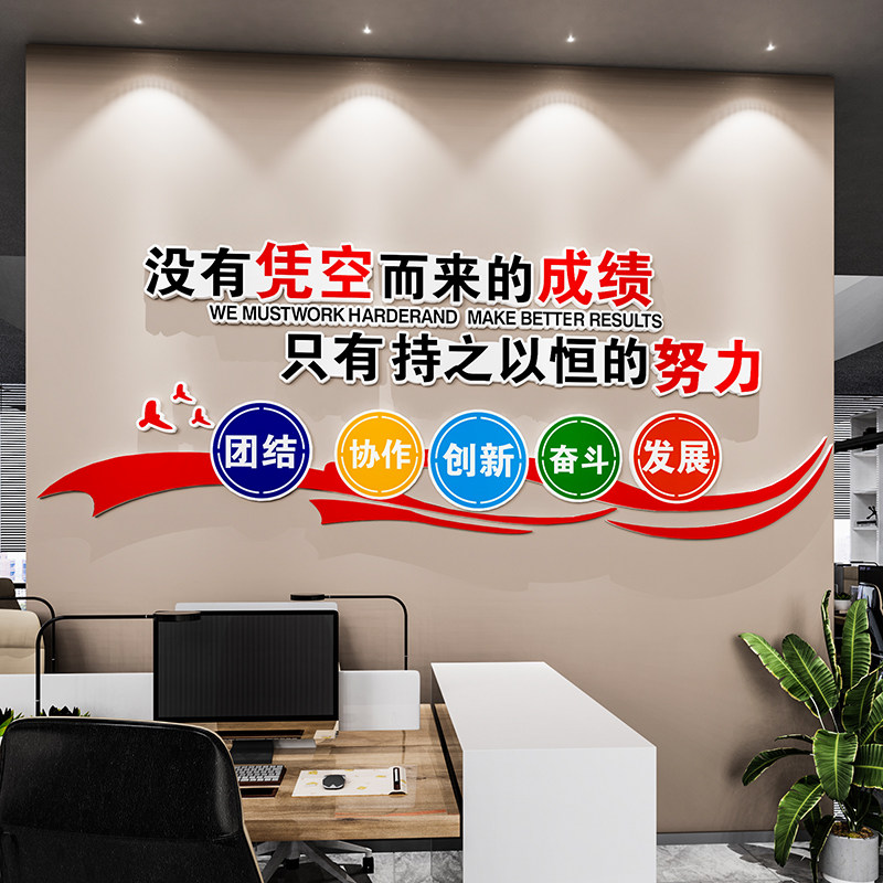 公司企业文化墙贴纸会议办公室墙面装饰氛围布置员工激励志标语3d