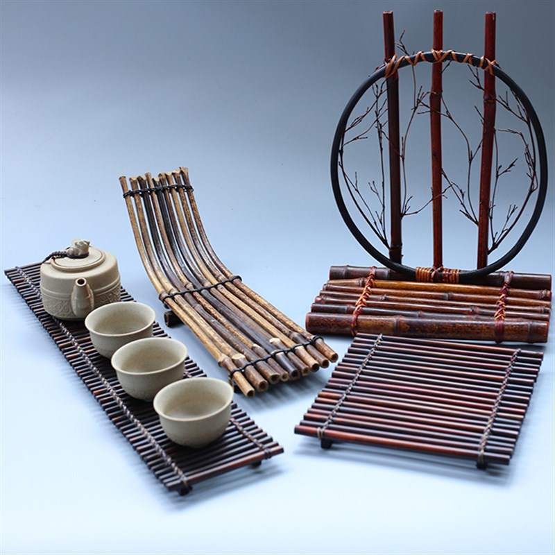 仿古竹排茶盘 竹制长方形茶托盘 家用杯托花架大小号干泡茶台屏风