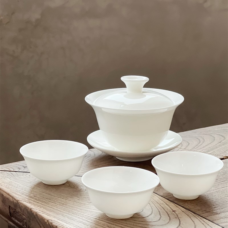 骨瓷盖碗三才碗工夫茶碗薄胎茶备 纯白高骨盖瓯 三杯单丛陶瓷茶杯