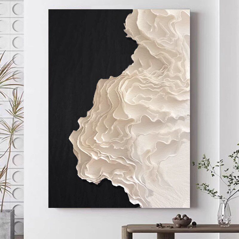 侘寂风立体客厅装饰画手工褶布手绘油画纸艺玄关抽象实物装置画