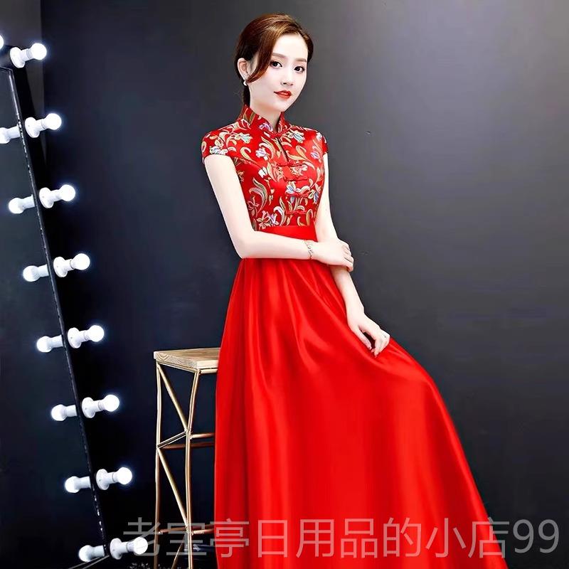 正品国风晚良礼服女黄长裙绣花改旗袍团舞台中演出主持人朗诵合队图片