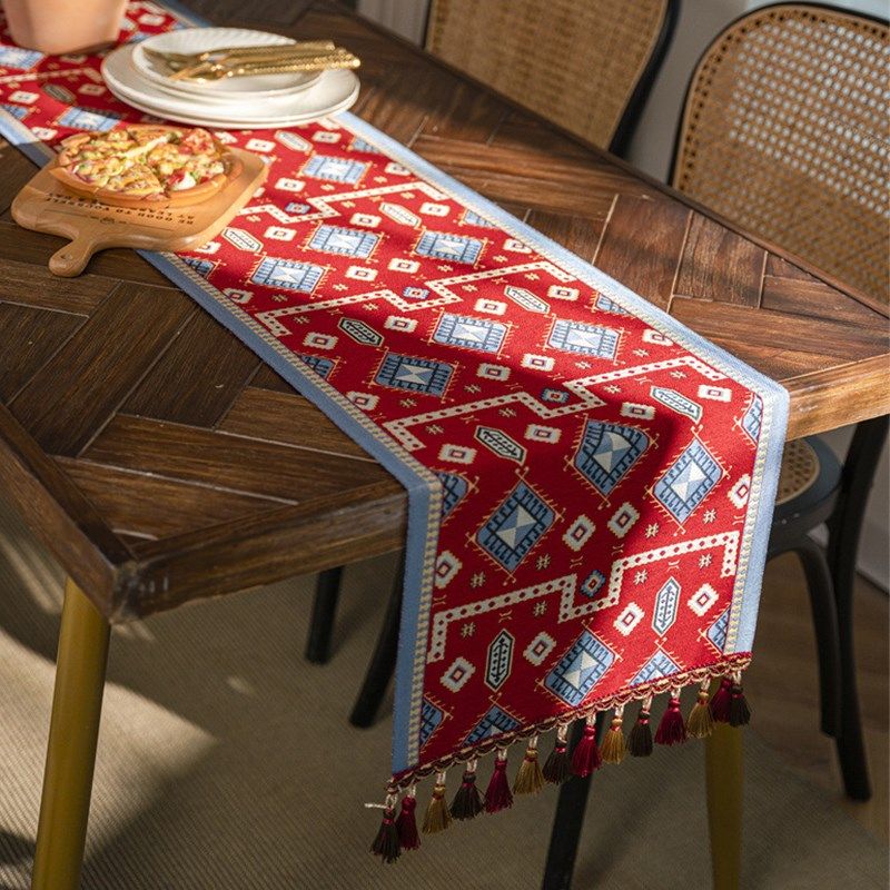 复古民族风桌旗提花几何红色喜庆新年流苏茶几布餐边柜旗斗柜盖巾,居家布艺,桌旗,淘宝优惠券,粉丝福利购,淘宝优惠卷
