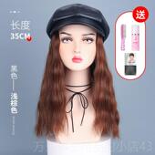 高档网假红PU皮帽发一体海军子角贝雷帽女时尚 秋冬款 中长八帽卷发