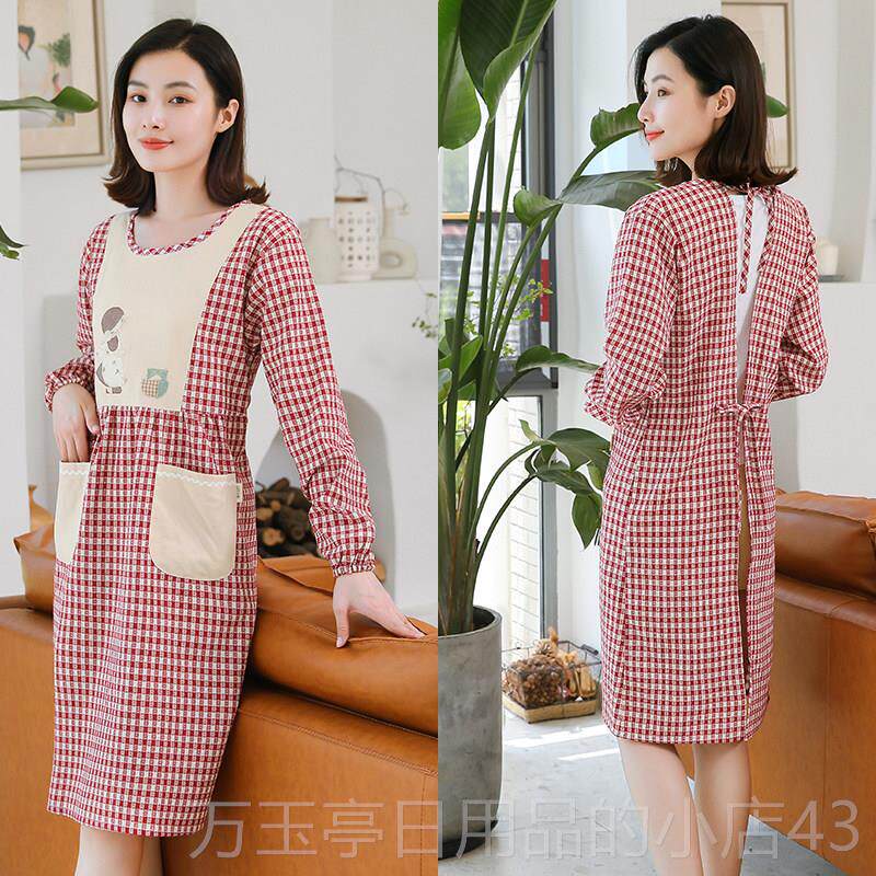 高档子拉的炼与围裙可爱的日本风格风格袖家庭厨房长袖罩衫成人延