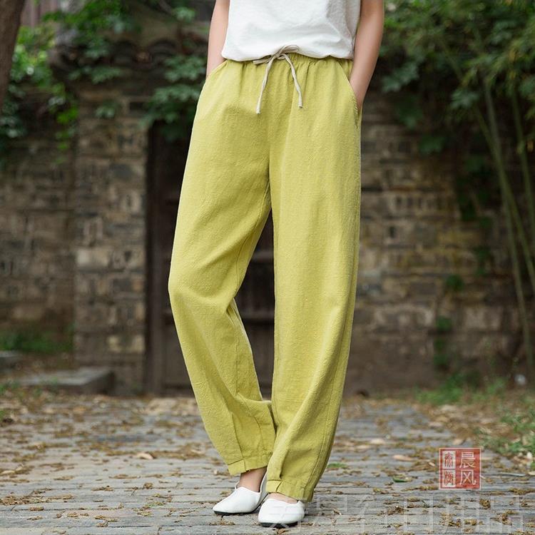 正品春秋亚麻太极女新款 系带太拳服装练裤功极裤晨武术练灯笼裤