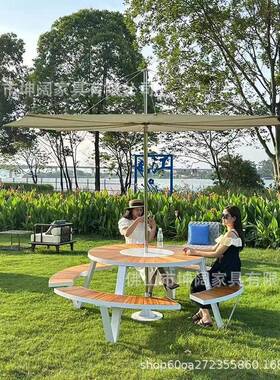 学校景区庭院户桌椅柚木OUX连体卡座餐厅露外天公公共场所凳园长