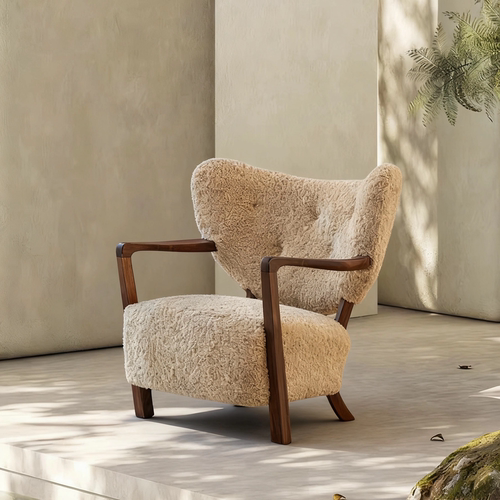 伍尔夫中古风法式设计师休闲复古家用客厅实木羊羔绒单人沙发椅