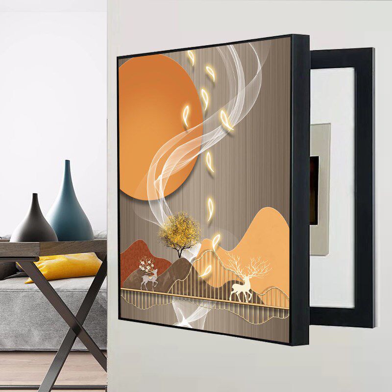 免打孔竖款侧开电表箱装饰画竹子荷花遮挡竖版配电箱画九鱼图挂画