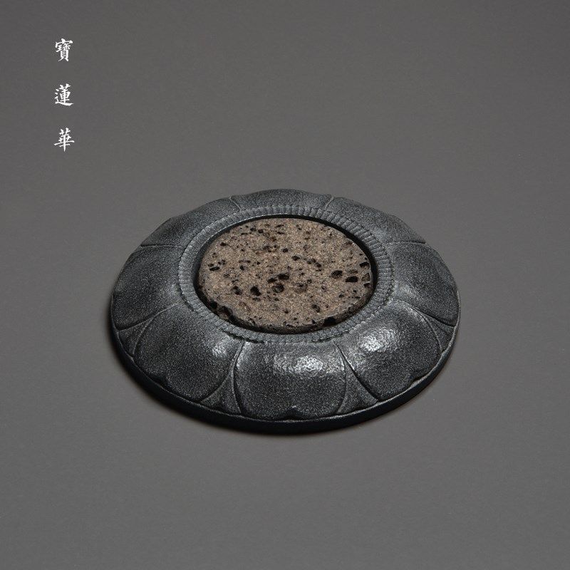 禅韵莲花火山岩垫乌金石壶承 石雕茶托 茶台干泡茶盘养壶托盘茶承