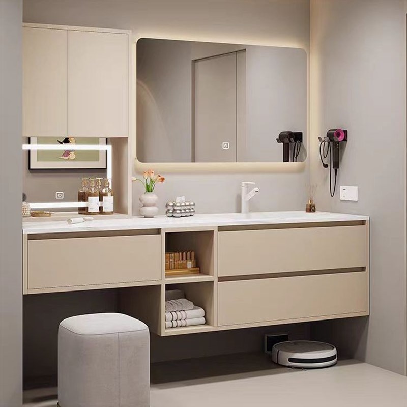 定制简约一体梳妆洗漱浴室柜组合卫生间岩板无缝可丽耐一体洗脸盆