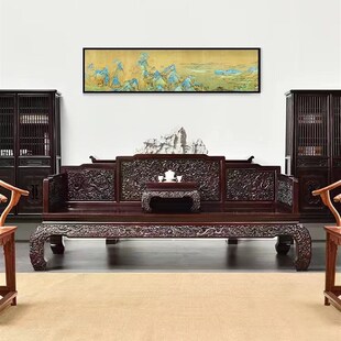 红木家具独板曲尺云龙罗汉床赞比亚血檀中式 酒店客厅卧室办公室