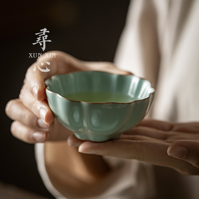 天青汝窑青莲茶杯主人杯单杯陶瓷手工品茗杯普洱茶盏汝瓷功夫茶具