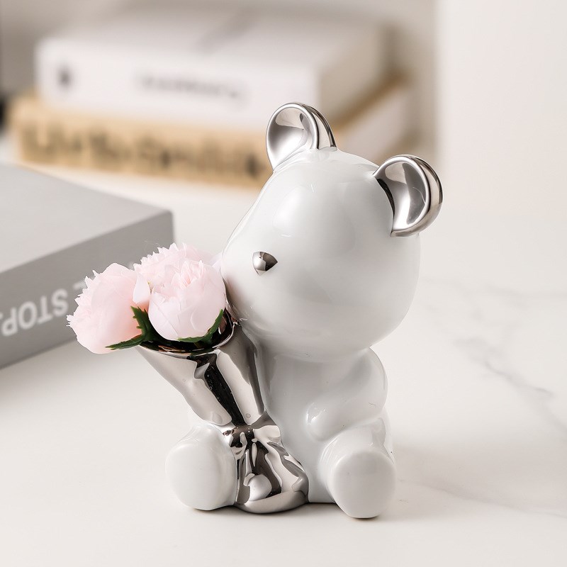 陶瓷花束暴力熊花瓶摆件客厅插花高端大气上档次2025捧花装饰品