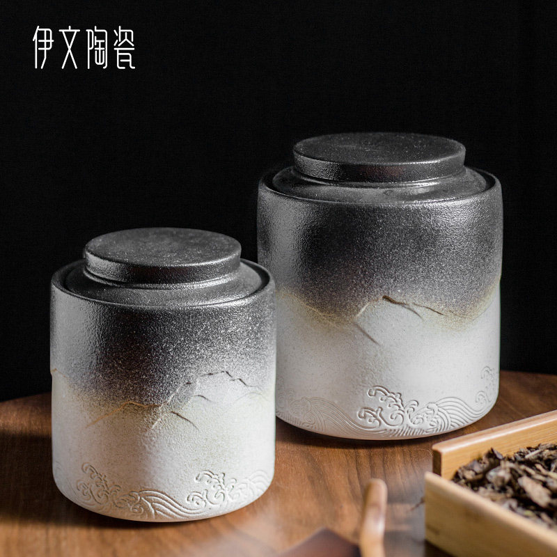 伊文陶瓷山海行茶叶罐家用大号密封罐储存罐半斤装茶罐定制礼盒装