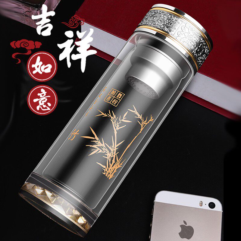 双层隔热玻璃杯加厚泡茶杯子男便捷透明吉祥如意水杯过滤家用口杯