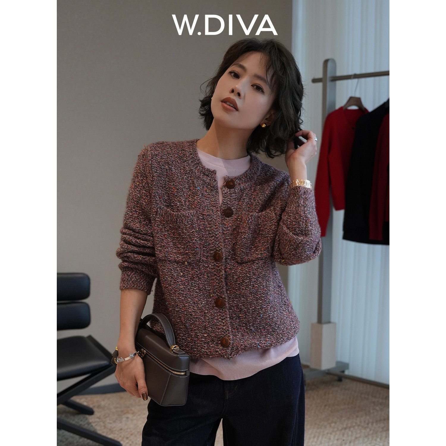 W.Diva【魏老板】小香风双贴袋康宝莱羊绒花式纱外套DWASSL0101,女装/女士精品,羊绒衫,淘宝优惠券,粉丝福利购,淘宝优惠卷