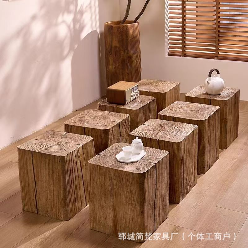 方形木墩子民宿花架摆件底座老榆木边几实木树桩木墩子坐凳置物架