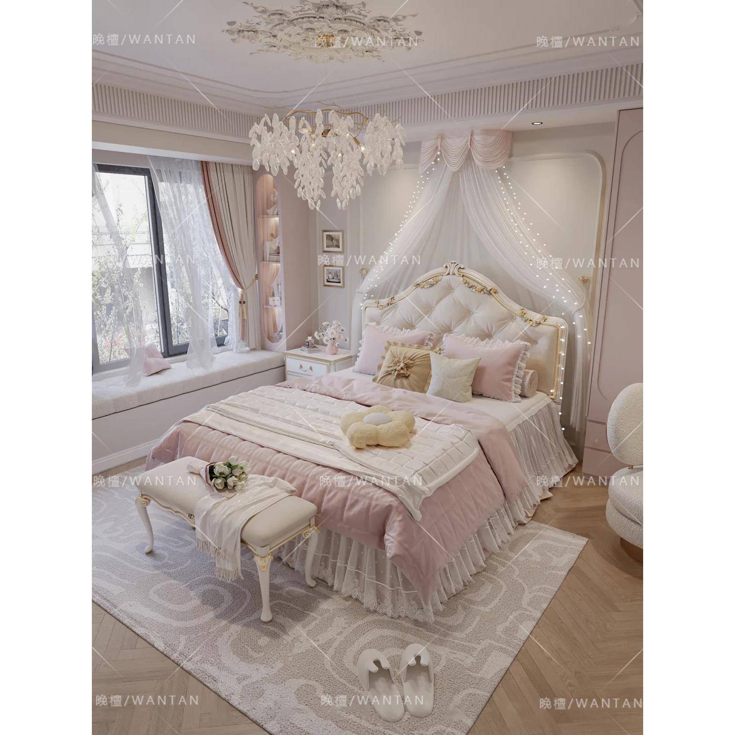 7Y02K法女式实木轻奢油风式公主床欧现代奶榉木儿童孩房双人