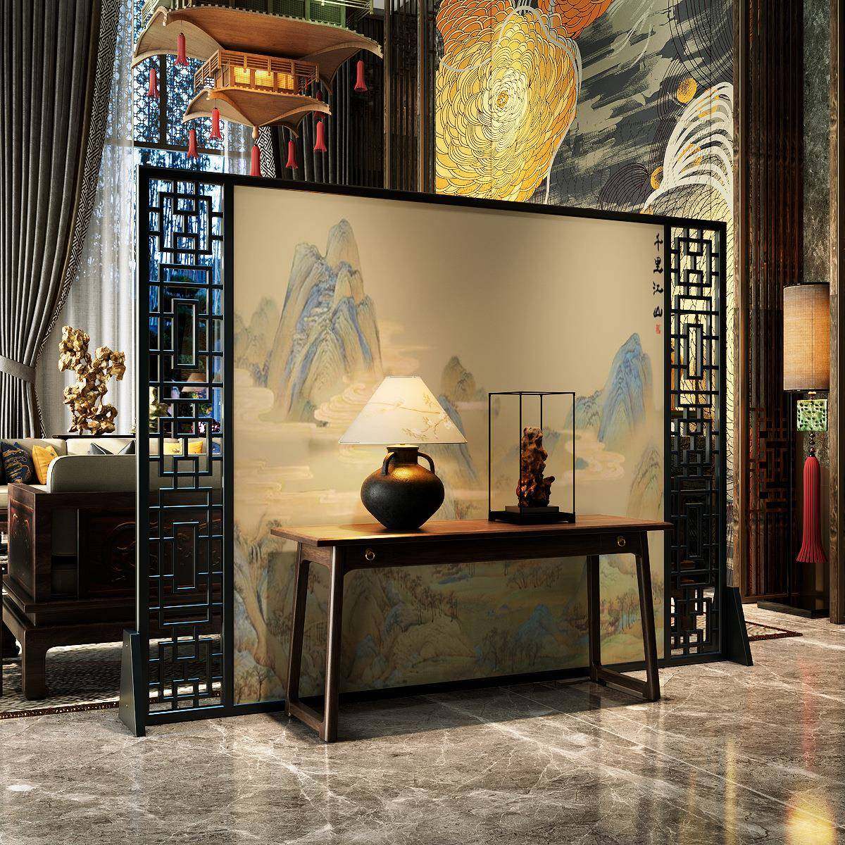新中式风隔断客卧室遮挡家用中屏古风门玄厅IRR关实木办公进室座