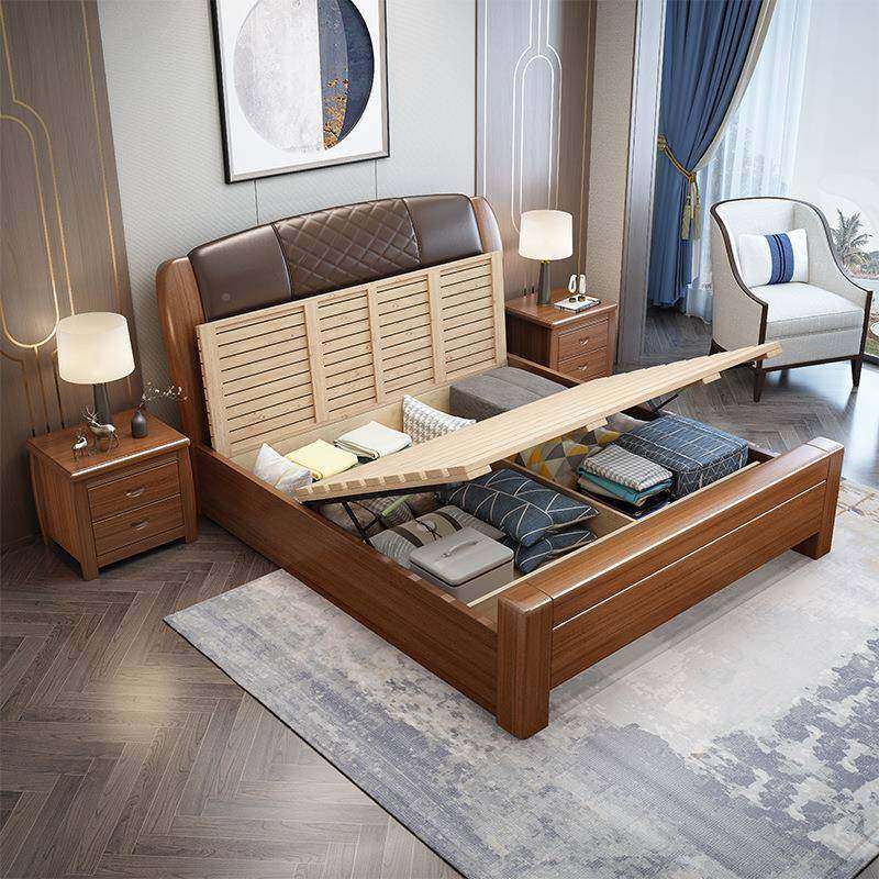 胡桃木实木床现代式轻奢1软1912靠软包主卧婚核桃木1.中8/.5米米