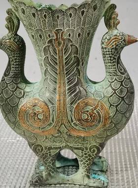 仿古铜孔雀花鸟双凤瓶花瓶居家客厅办尊公室面工桌艺91646青品摆