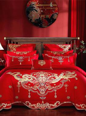 直四893婚庆件套大红色全棉刺销绣结婚新喜被套件纯婚棉绣花床品