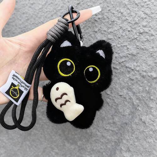 可爱呆萌抱小鱼大眼黑猫挂件毛绒玩偶情侣包挂件创意小黑猫钥匙扣