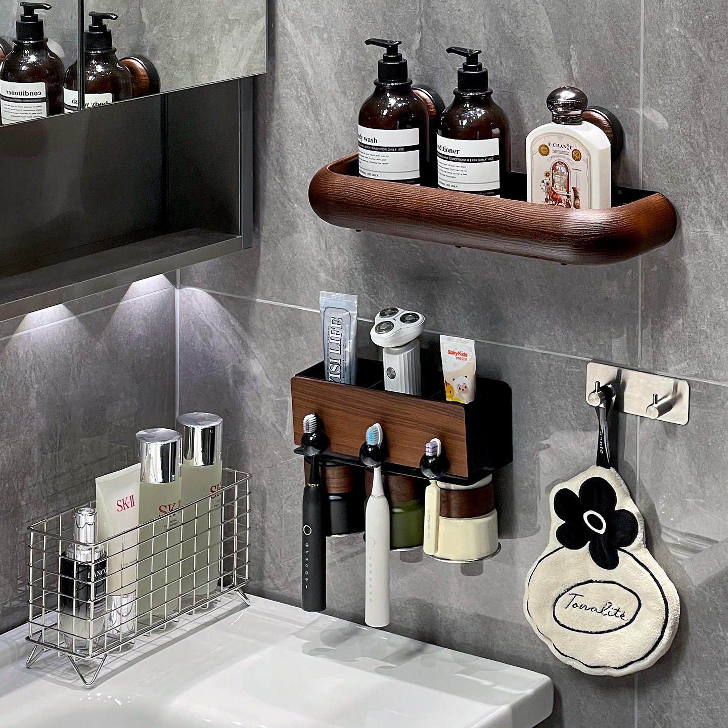 高颜值牙刷置物架壁挂式免打孔复古牙膏牙杯架套装一家三口收纳架