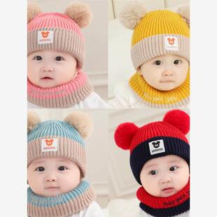 婴儿帽子秋冬0-12个月男女宝宝公主毛线帽幼儿保暖可爱围脖1--3岁