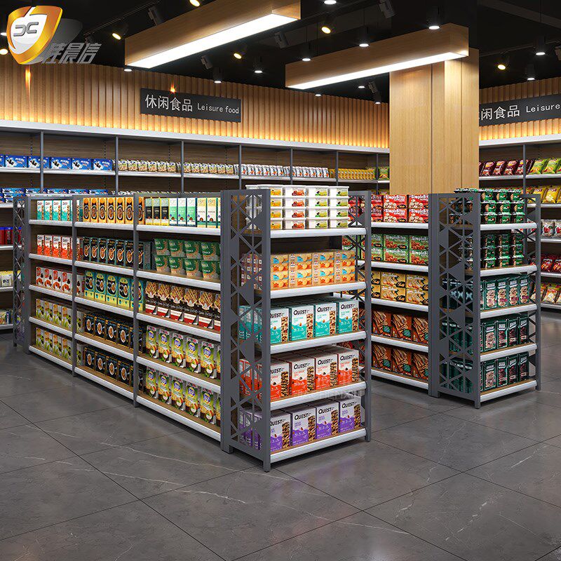 佳晨信超市货架展示架便利店新款挂钩多层置物柜双面单面木纹靠墙