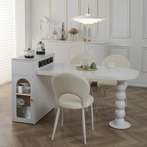 实木奶油风岛台餐桌一体可伸缩家用小户型多功能迷你半圆茶桌茶台