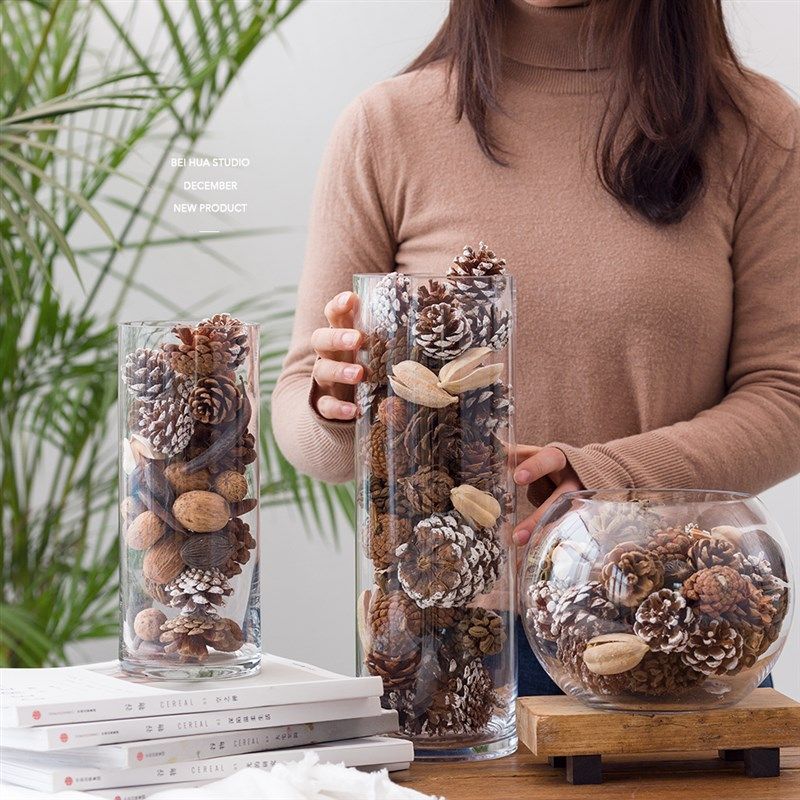 天然干果玻璃瓶套装 创意桌面摆件装饰松果包干花DIY干果摆件民宿
