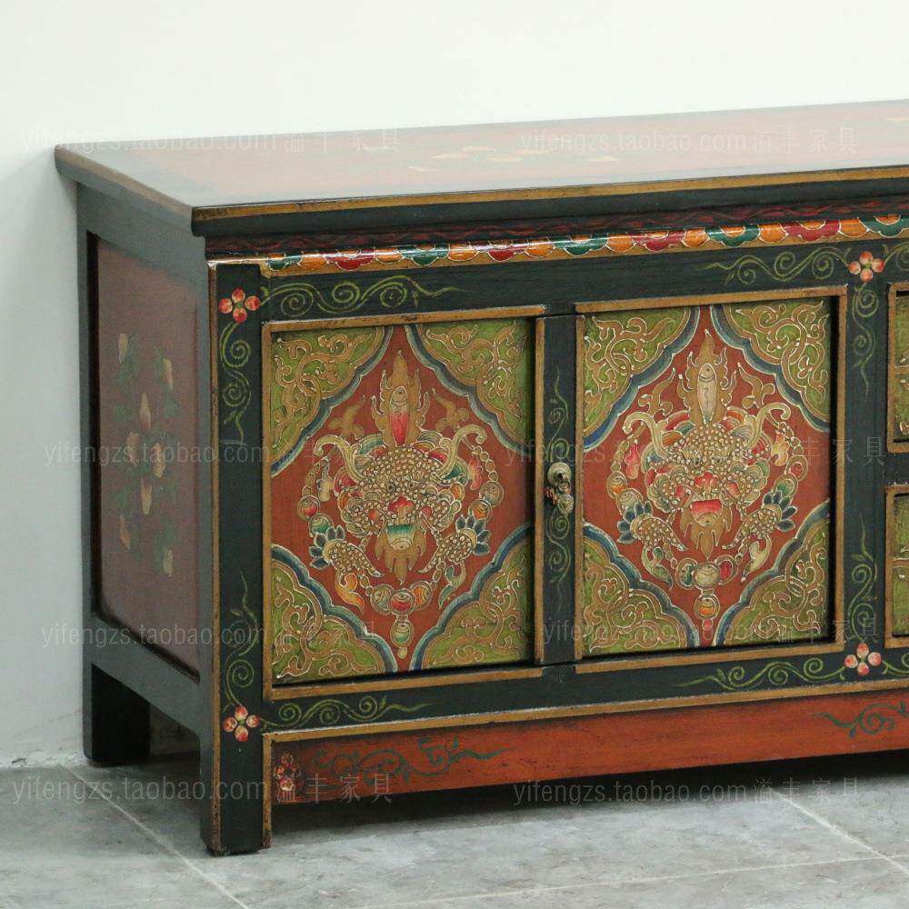 藏式纯手工彩绘地柜角柜仿古电视柜明清复古做旧储物矮柜彩绘家具
