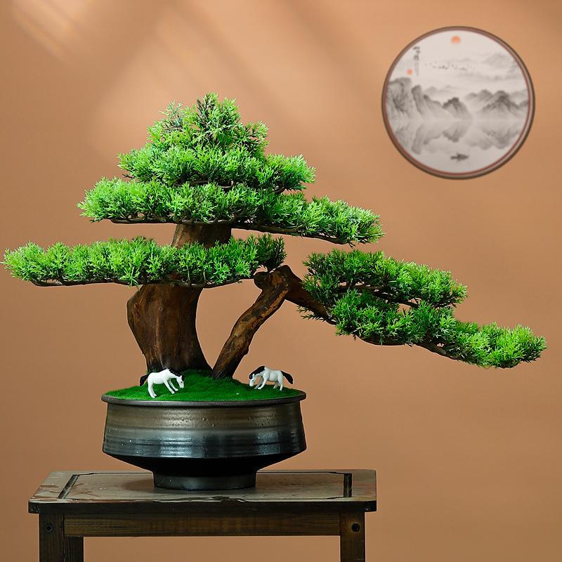 创意迎客松盆景摆件客厅玄关办公室绿植盆栽摆件家居装饰根雕摆件