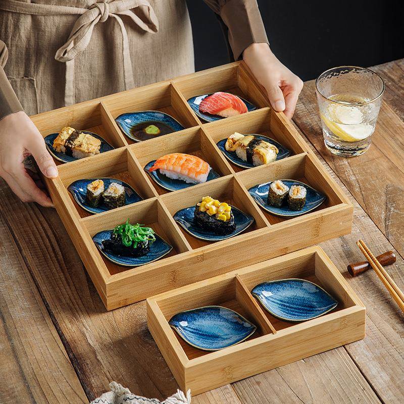日式陶瓷寿司碟甜品碟刺身盘分格拼盘小菜碟调味碟竹制九宫格盘子
