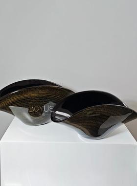 现代琉璃金箔条纹黑色果盘摆件家居样板房客厅餐厅家具展厅软装饰