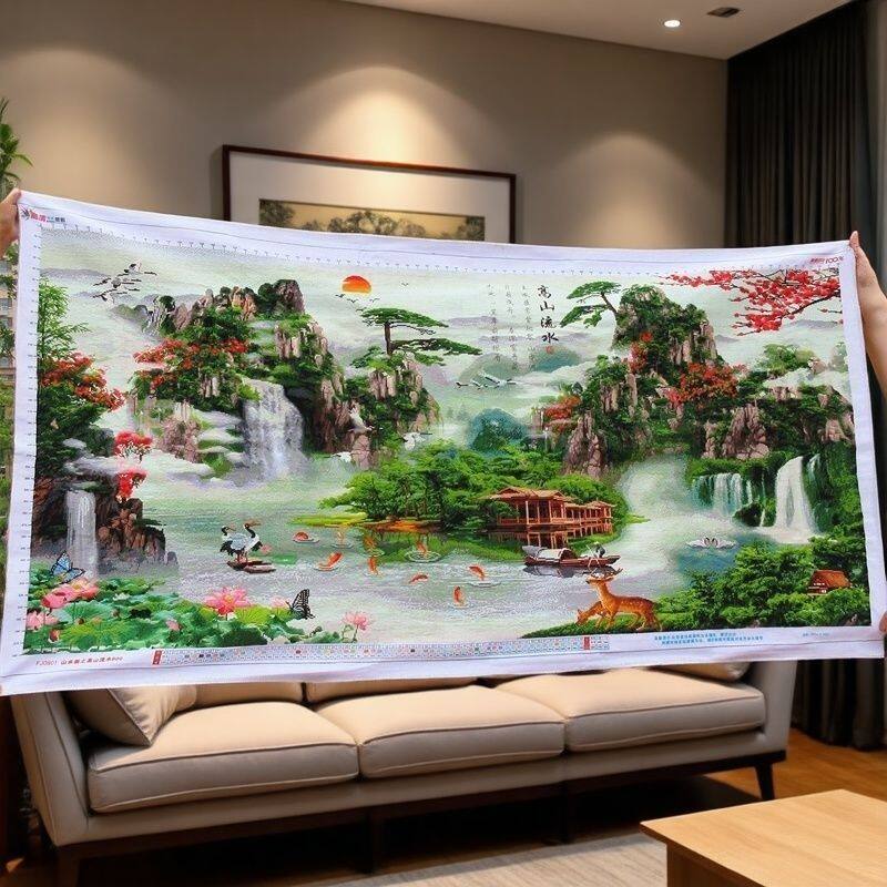 绣好的纯手工十字绣成品2024新款风景画高山流水十字绣客厅装饰画