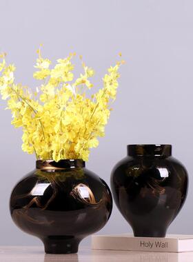 瓶新中式亮色摆釉面陶瓷花意手OJC绘黑色拼色创装饰品酒店水培插