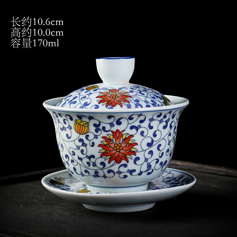 羊脂玉盖碗白瓷单个敬茶杯青花功夫茶具家用高档三才泡茶碗套装