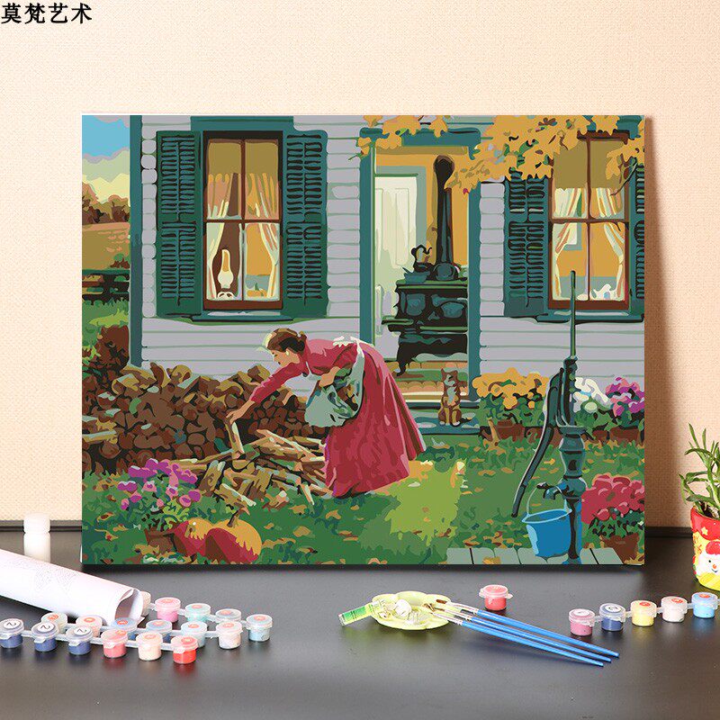 数字油画diy填充手工乡村生活填色画一家人打理后院手绘油彩画画