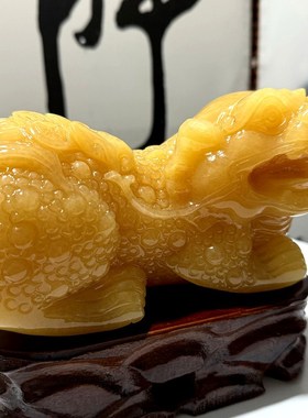 天然米黄玉貔貅摆件玉石卧式皮丘玄关办公室动物开业礼品招财进宝