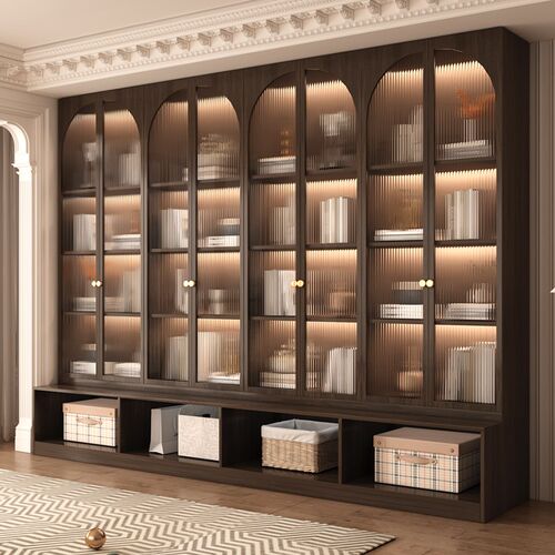 中古风家具一面墙书柜实木侘寂风文件柜整墙胡桃展示柜高档茶室柜