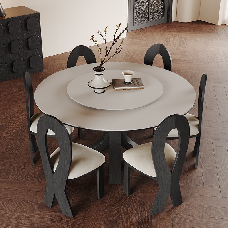 法式复古实木圆桌带转盘1.2米现代简约家用小户型纯白岩板餐桌