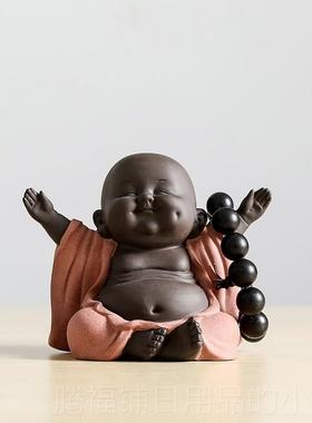 正品创意砂手工弥勒笑佛家居紫装艺饰品摆件办公客室厅陶瓷工品小
