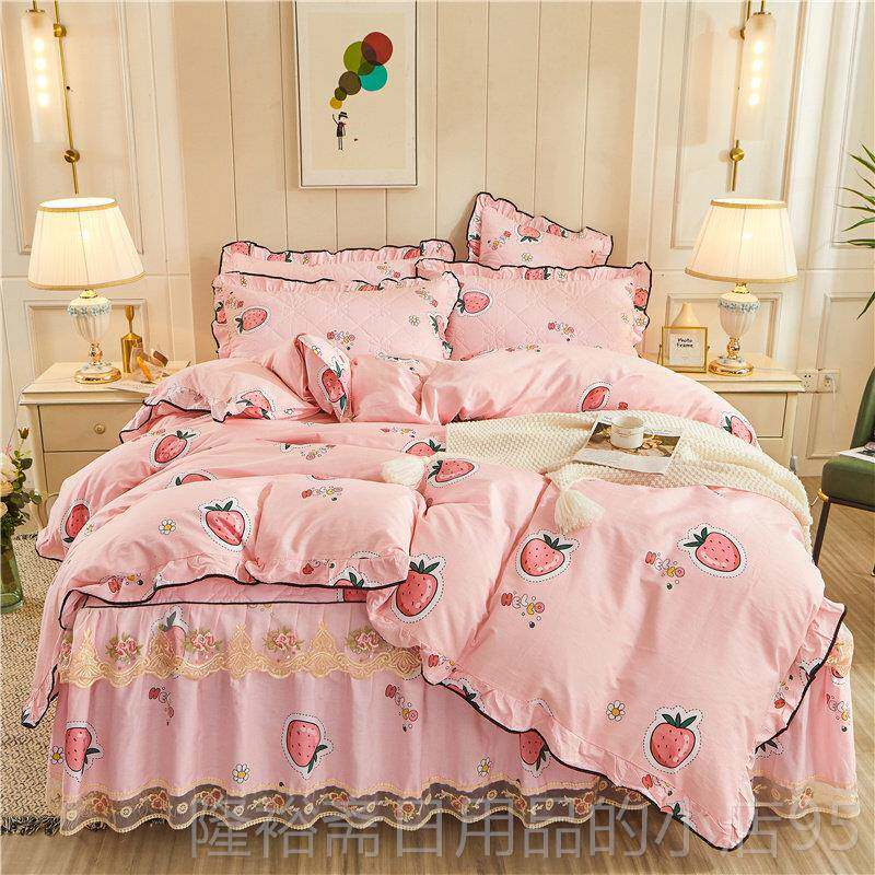 高档全棉夹棉加厚床裙双款上纯四件套韩版蕾丝印花床罩棉人被套床