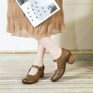 高档071鞋 覆朵古花头层牛皮纯色妈妈 单中跟软真皮手工民族风女鞋