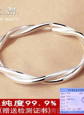 高档烙简约9手刻工银饰绞丝复麻花99银手镯女个性时尚开口纯古银