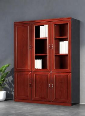 办度公室玻19317璃门书柜红胡桃木皮油漆件柜料档资案密板组合储